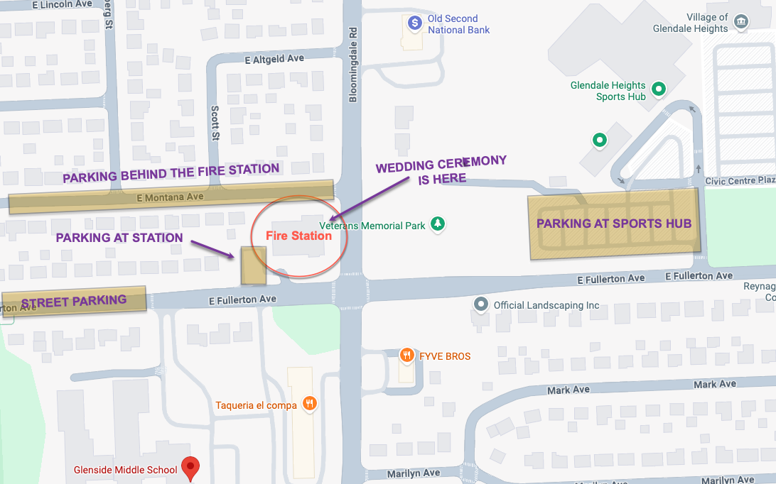 Map of the Glenside Firehouse at Bloomingdale Rd and E. Fullerton Ave showing parking at the station, behind the station on E. Montana Ave, street parking, and the Glendale Heights Sports Hub lot across Bloomingdale Rd